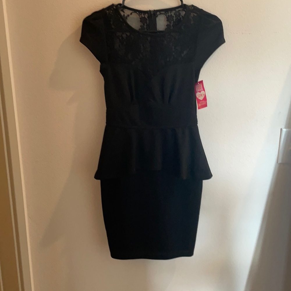 Bebe 2b Black Peplum Dress with Lace detail